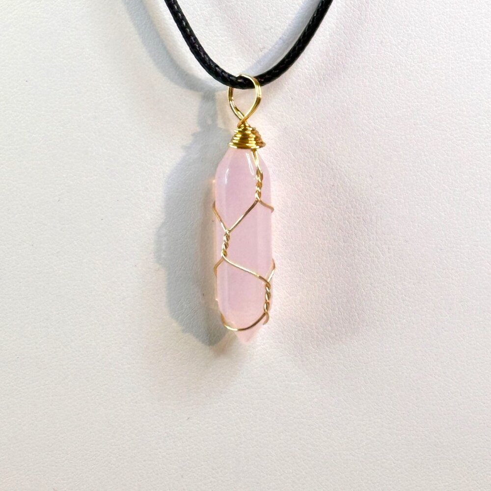 Rose Quartz Crystal Pendant Necklace With Black Cord & Adjustable Chain